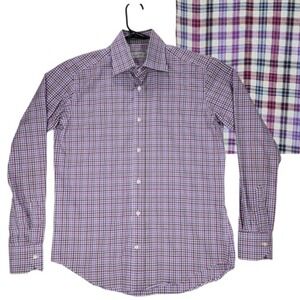 Etro sz 38 Men Button Up Dress Shirt Made in Italy Plaid Purple Pink Blue‎ 42x28